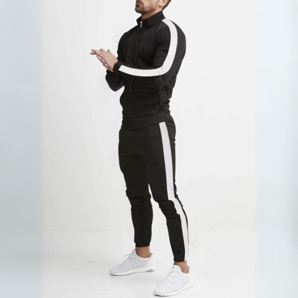 Men's Black & White Side Stripe Zip Up Top & Pants Athletic Outfit